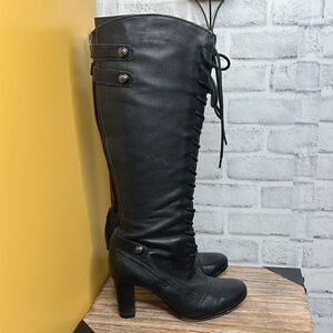 SAM EDELMAN Sanford Black Leather Lace Up Heeled Equestrian Boots Size 6.5 M